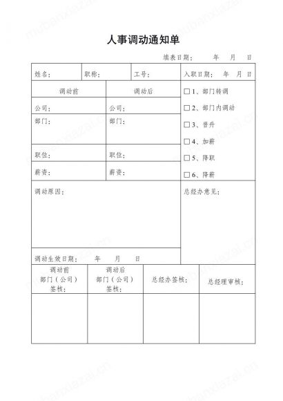 人事人员调动通知单