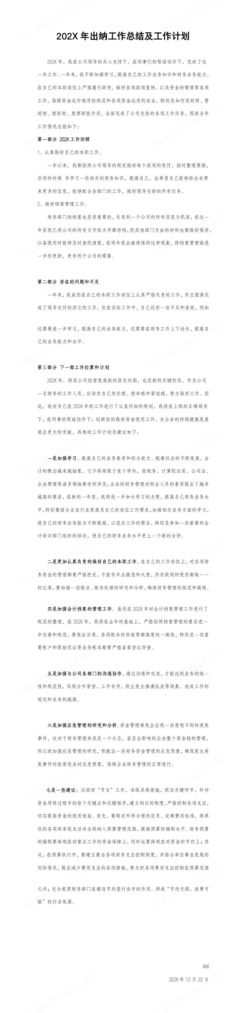 202X年出纳工作总结及工作计划模板预览