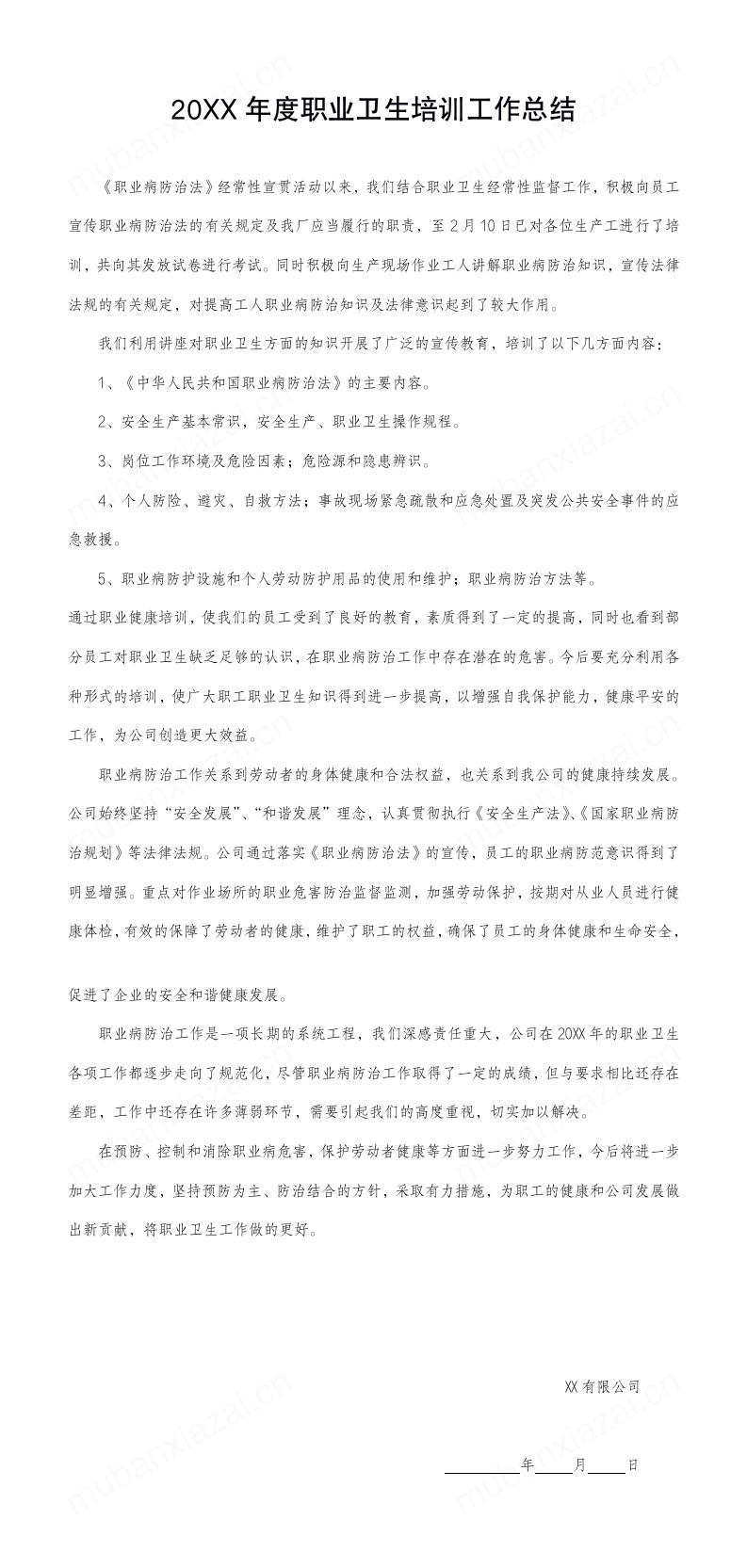 职业卫生培训年度工作总结模板预览