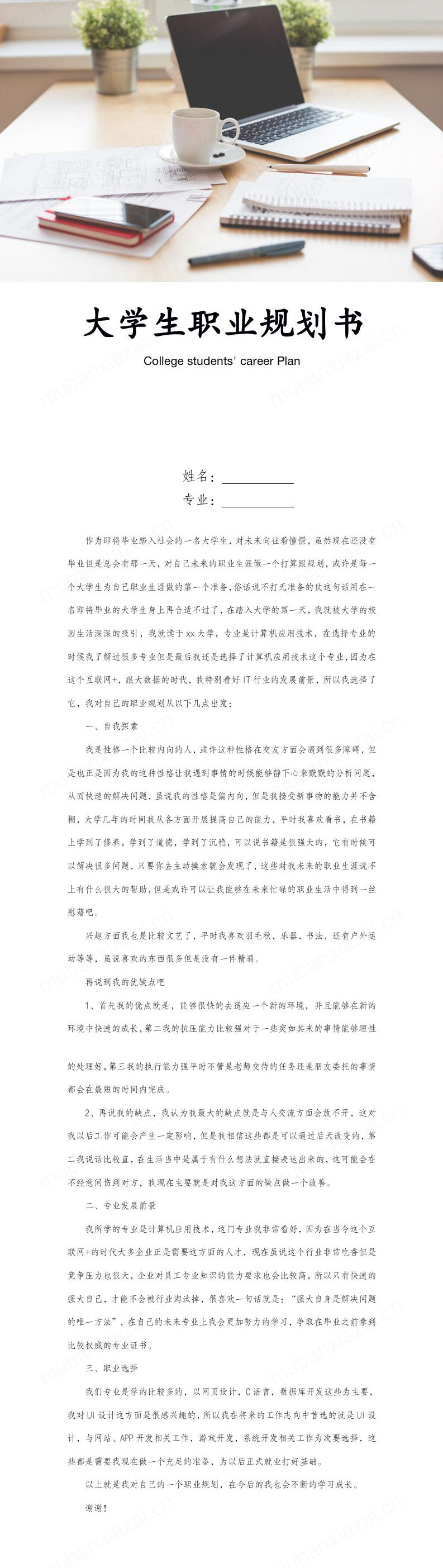 大学生职业规划书范本模板预览