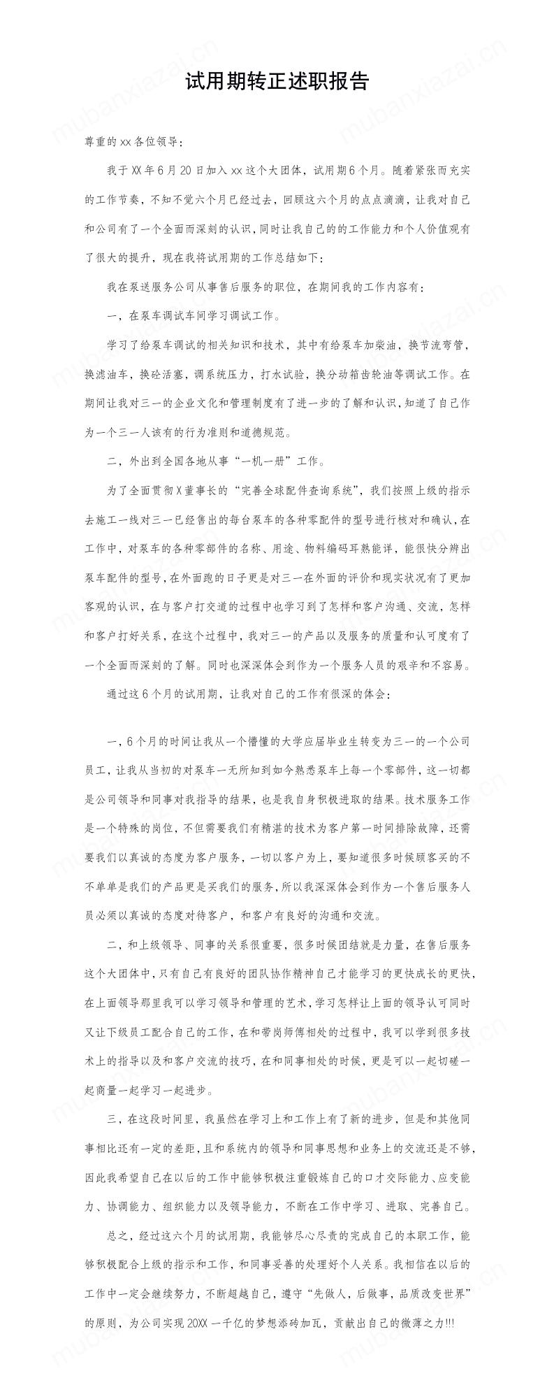 试用期转正述职报告模板预览